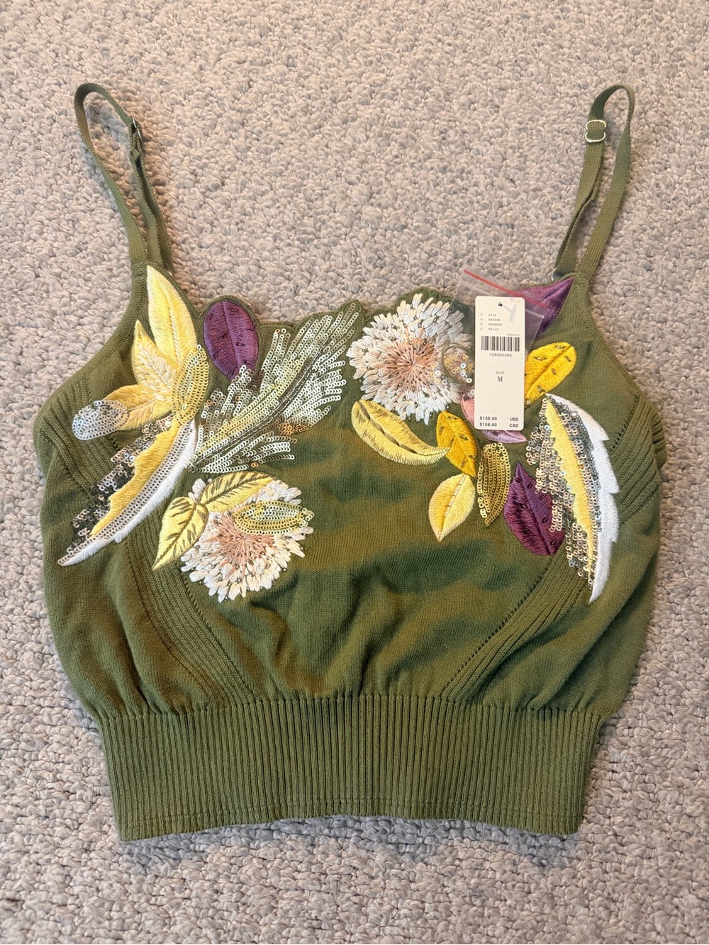 Maeve Olive Green Embroidered Floral Crop Tank